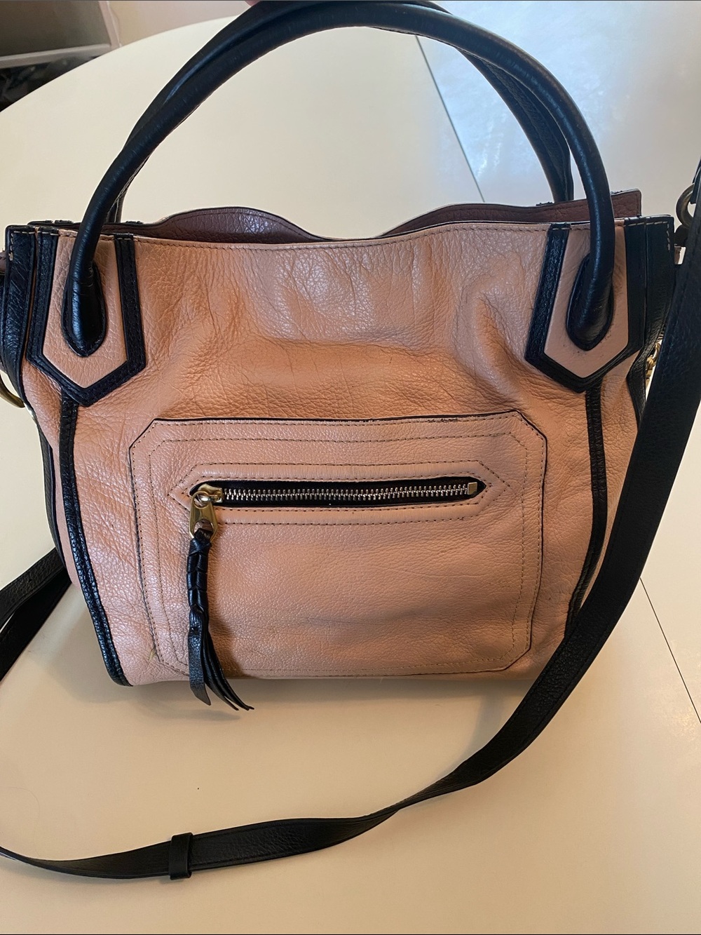 Oryani Peach Leather Satchel with Black Trim/Strap Luxury Practical Crossbody